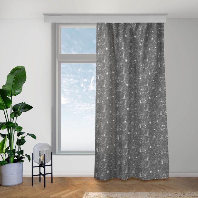 modern curtains for living room Outline Flower Pattern - Grey
