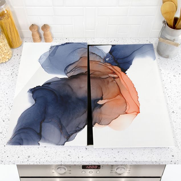 Stove top covers - Drops Of Ocean Blue And Orange With Gold