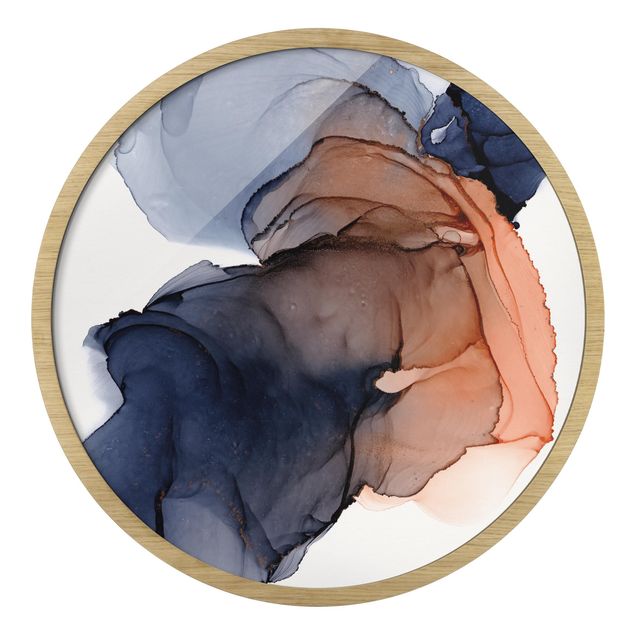 Circular framed print - Drops Of Ocean Blue And Orange With Gold
