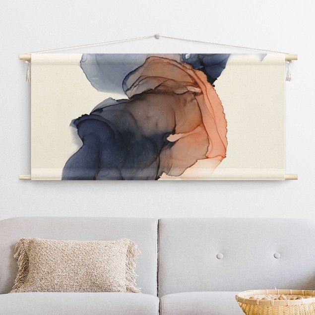 wall tapestry art Drops Of Ocean Blue And Orange With Gold