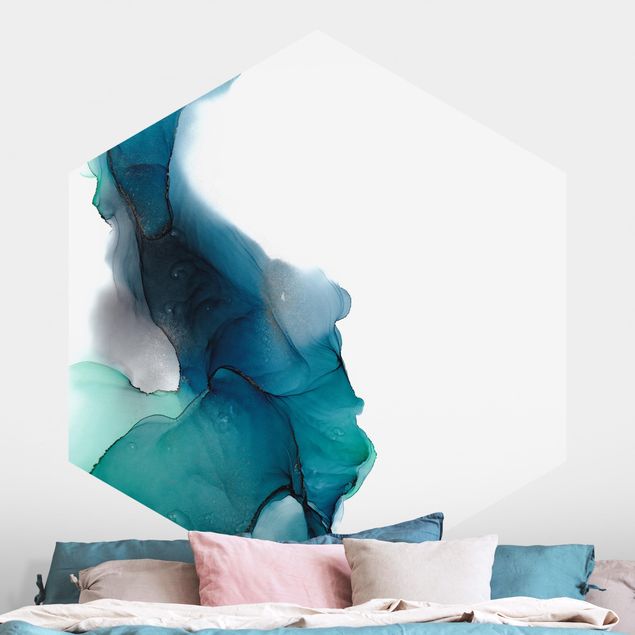 Hexagonal wall mural Drops Of Ocean Tourquoise With Gold