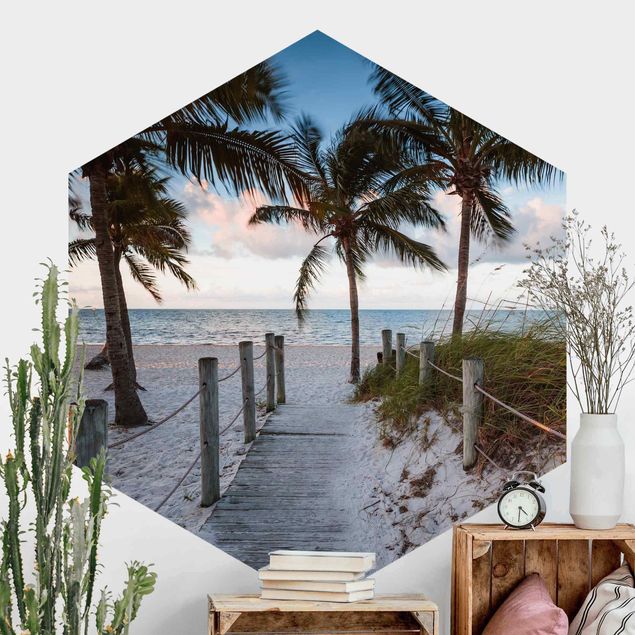 Self-adhesive hexagonal wall mural Palm Trees At Boardwalk To The Ocean