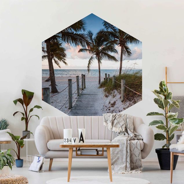 Self-adhesive hexagonal pattern wallpaper - Palm Trees At Boardwalk To The Ocean