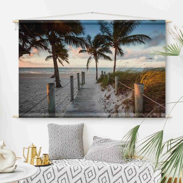 modern tapestry wall hanging Palm Trees At Boardwalk To The Ocean