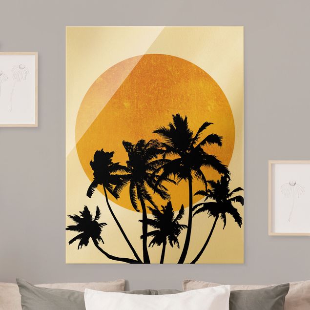 Glass print - Palm Trees In Front Of Golden Sun - Portrait format