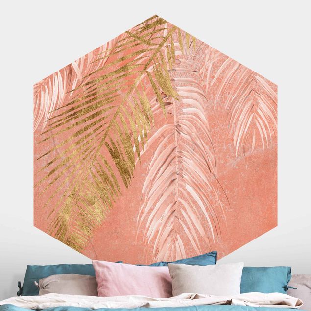 Hexagonal wallpapers Palm Fronds In Pink And Gold I