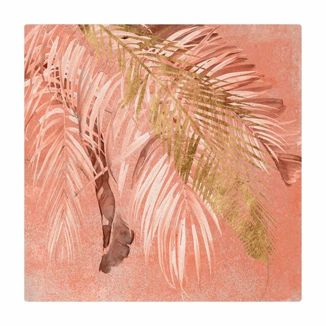 Cork mat - Palm Fronds In Pink And Gold II - Square 1:1