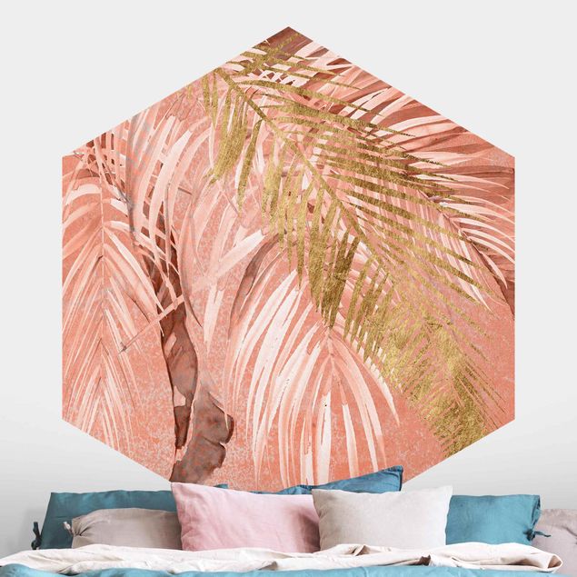 Hexagonal wall mural Palm Fronds In Pink And Gold II