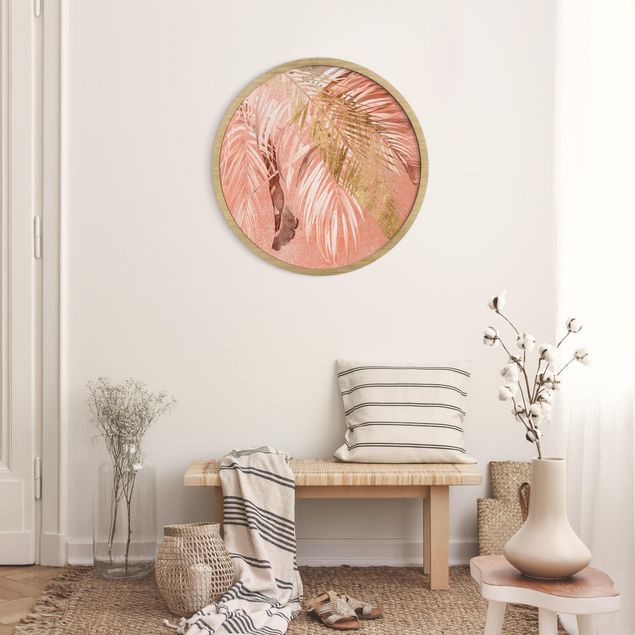 Circular framed print - Palm Fronds In Pink And Gold II