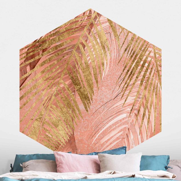 Hexagonal wall mural Palm Fronds In Pink And Gold III
