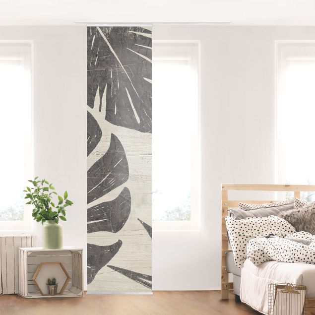 Sliding panel curtains set - Palm Leaves Light Grey Backdrop