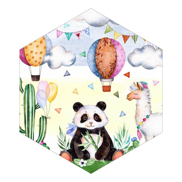 Self-adhesive hexagonal pattern wallpaper - Panda And Lama Watercolour