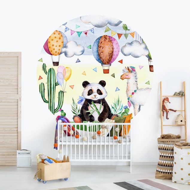 Self-adhesive round wallpaper kids - Panda And Lama Watercolour