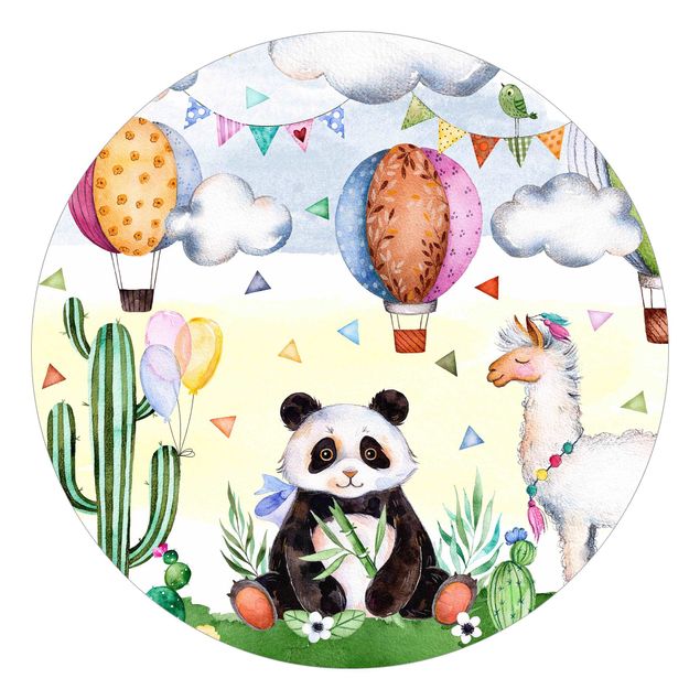 Self-adhesive round wallpaper kids - Panda And Lama Watercolour