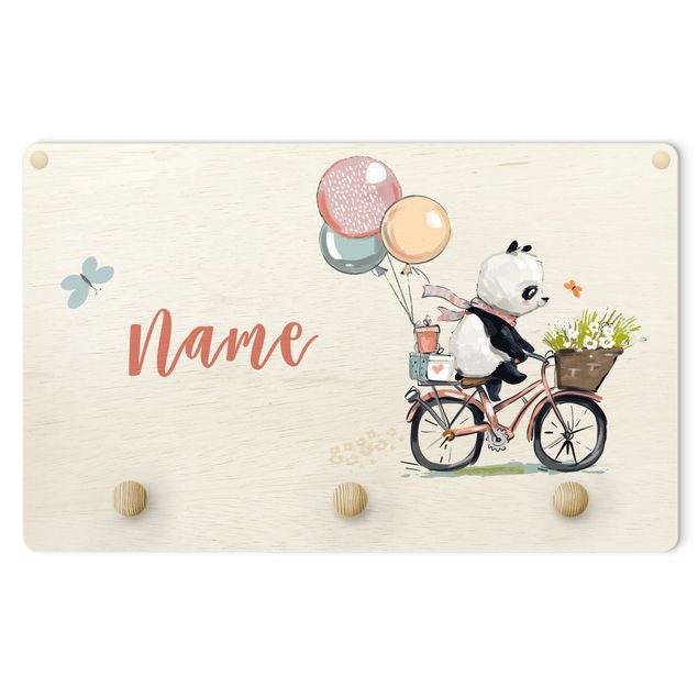 Coat rack for children - Panda On Flower Bicycle With Customised Name