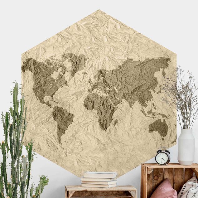 Self-adhesive hexagonal wall mural Paper World Map Beige Brown