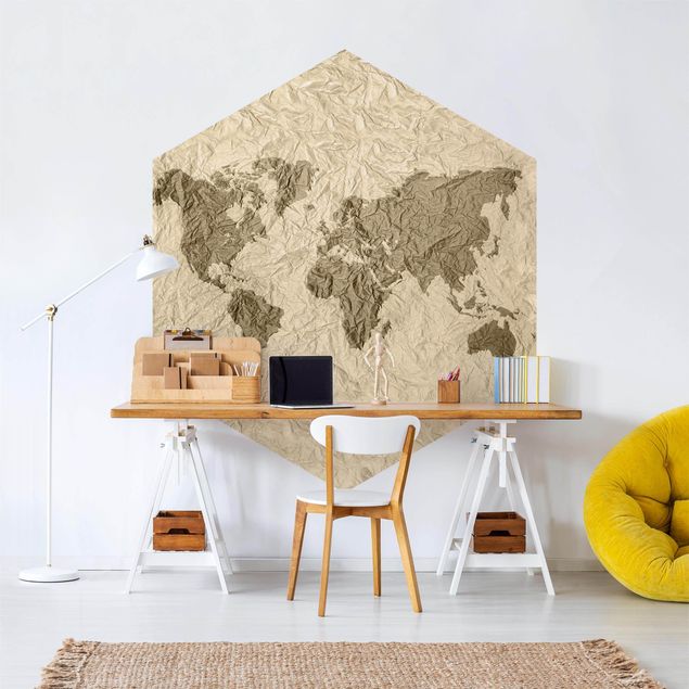 Self-adhesive hexagonal pattern wallpaper - Paper World Map Beige Brown