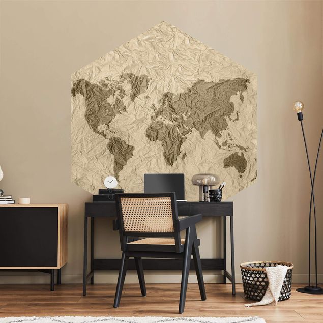 Self-adhesive hexagonal pattern wallpaper - Paper World Map Beige Brown