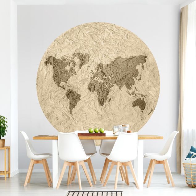 Self-adhesive round wallpaper - Paper World Map Beige Brown