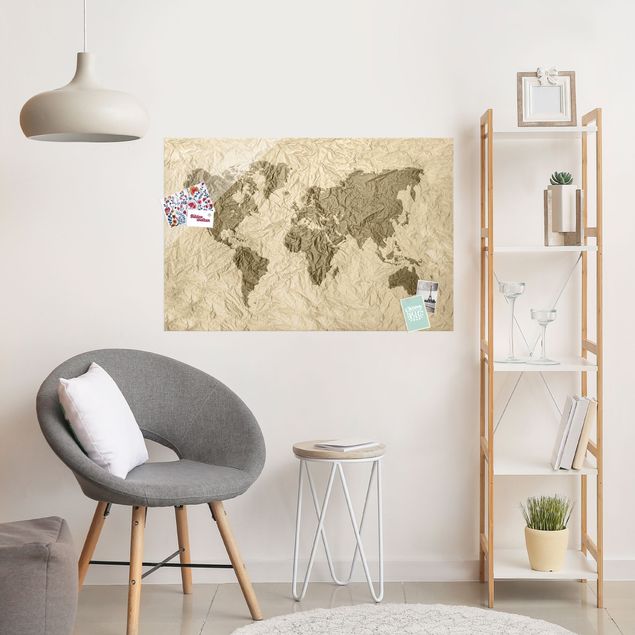 Magnettafel Glas Paper World Map Beige Brown