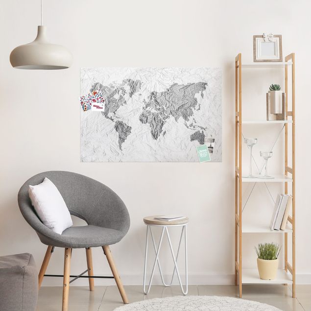 Glas Magnetboard Paper World Map White Grey