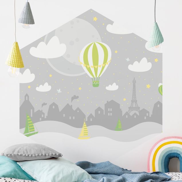 Hexagonal wallpapers Paris With Stars And Hot Air Balloon In Grey