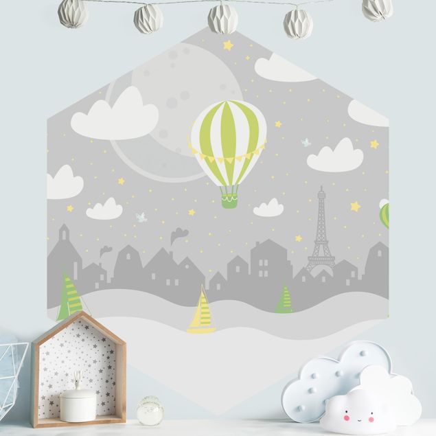Wallpapers Paris With Stars And Hot Air Balloon In Grey