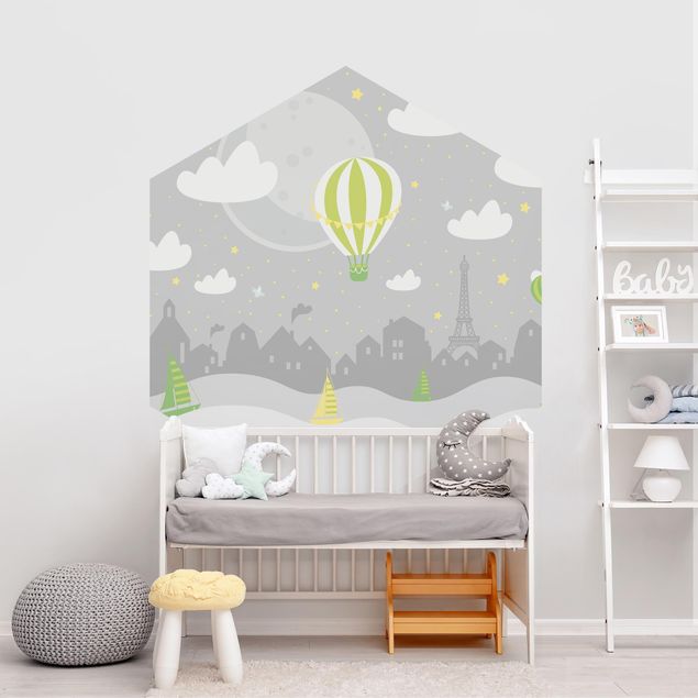 Self-adhesive hexagonal pattern wallpaper - Paris With Stars And Hot Air Balloon In Grey