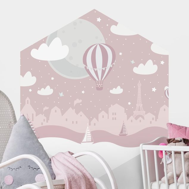 Hexagonal wallpapers Paris With Stars And Hot Air Balloon In Pink
