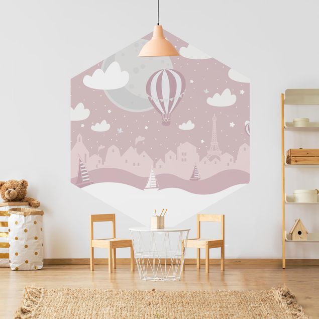 Self-adhesive hexagonal pattern wallpaper - Paris With Stars And Hot Air Balloon In Pink