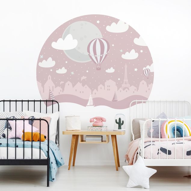 Self-adhesive round wallpaper - Paris With Stars And Hot Air Balloon In Pink