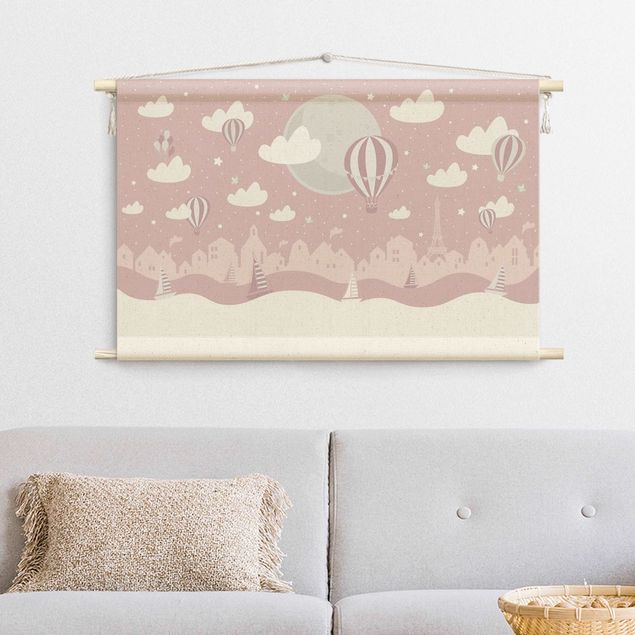 textile wall hangings Paris With Stars And Hot Air Balloon In Pink