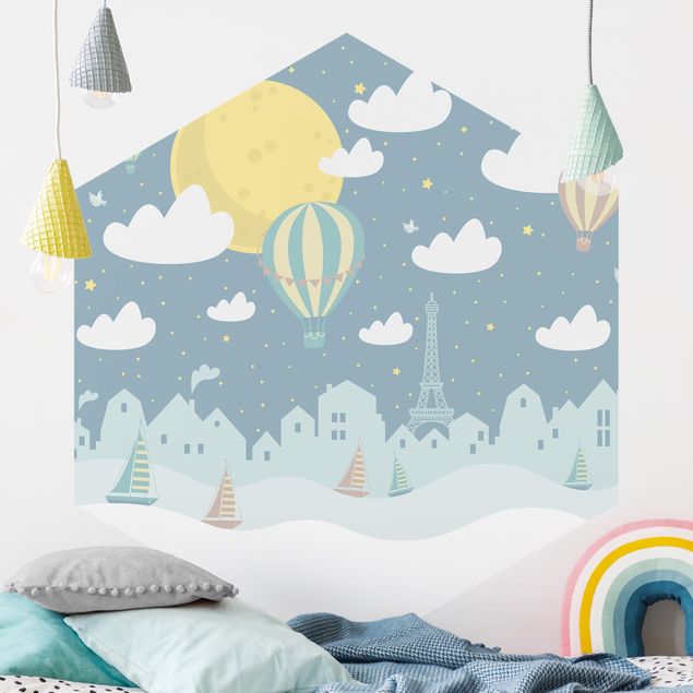 Hexagonal wallpapers Paris With Stars And Hot Air Balloon