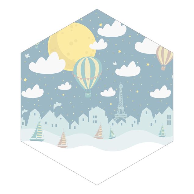 Self-adhesive hexagonal pattern wallpaper - Paris With Stars And Hot Air Balloon