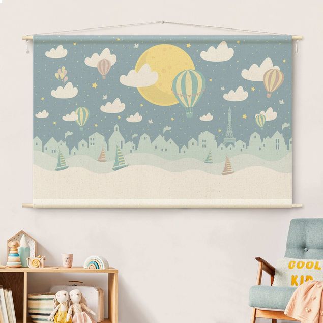 modern tapestry Paris With Stars And Hot Air Balloon