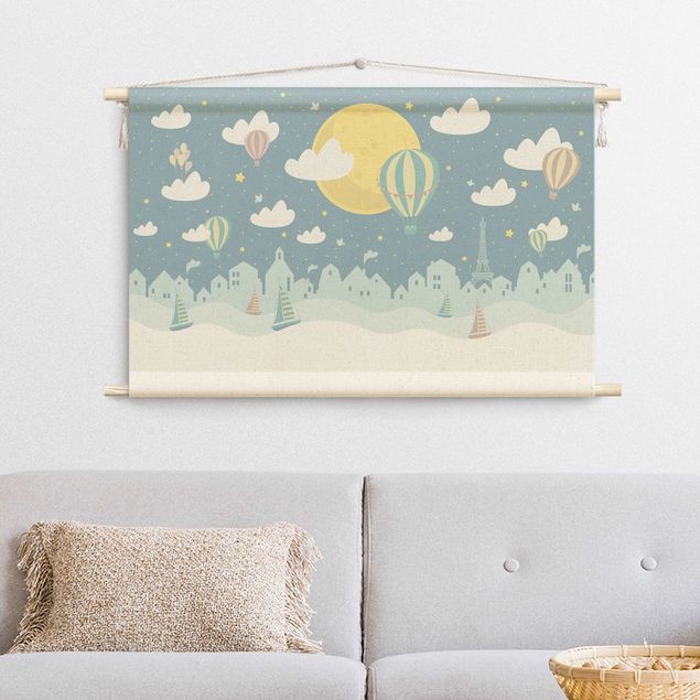 fabric wall hanging Paris With Stars And Hot Air Balloon