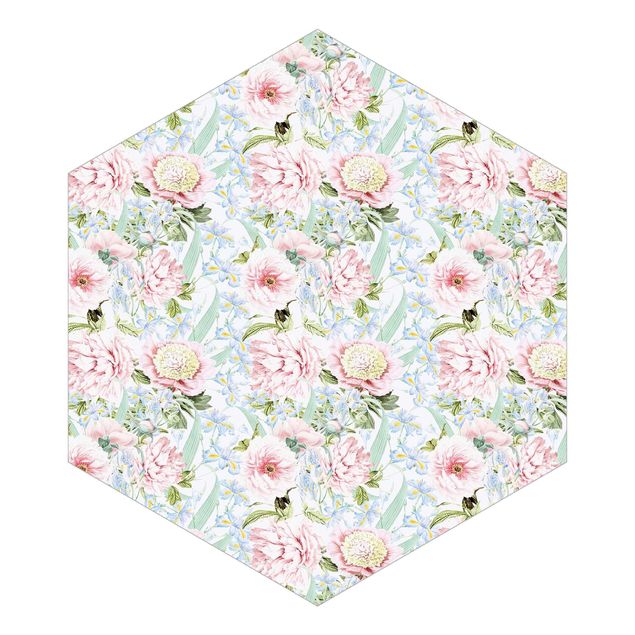 Self-adhesive hexagonal pattern wallpaper - Pastel Flowers Pink Blue