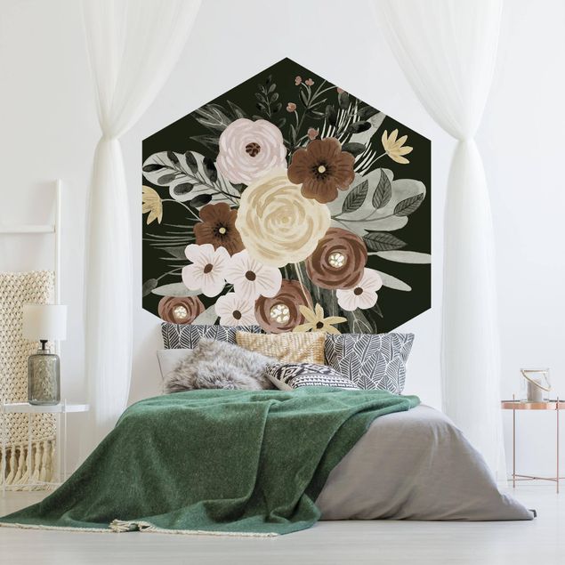 Self-adhesive hexagonal pattern wallpaper - Pastel Bouquet Of Flowers On Green Backdrop I