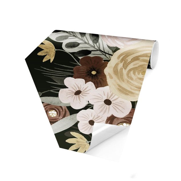 Self-adhesive hexagonal pattern wallpaper - Pastel Bouquet Of Flowers On Green Backdrop I