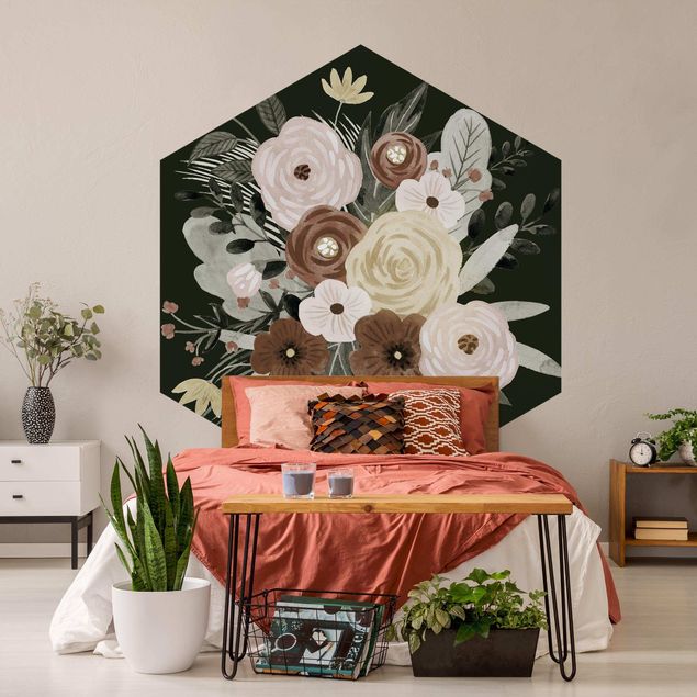 Self-adhesive hexagonal pattern wallpaper - Pastel Bouquet Of Flowers On Green Backdrop II