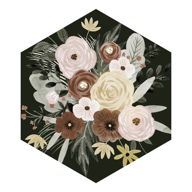 Self-adhesive hexagonal pattern wallpaper - Pastel Bouquet Of Flowers On Green Backdrop II