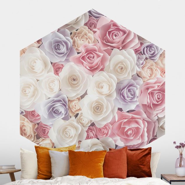 Hexagonal wall mural Pastel Paper Art Roses