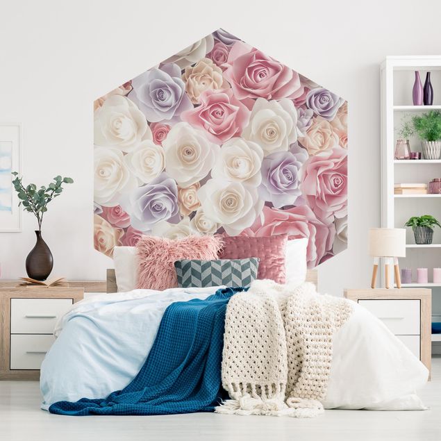 Self-adhesive hexagonal pattern wallpaper - Pastel Paper Art Roses