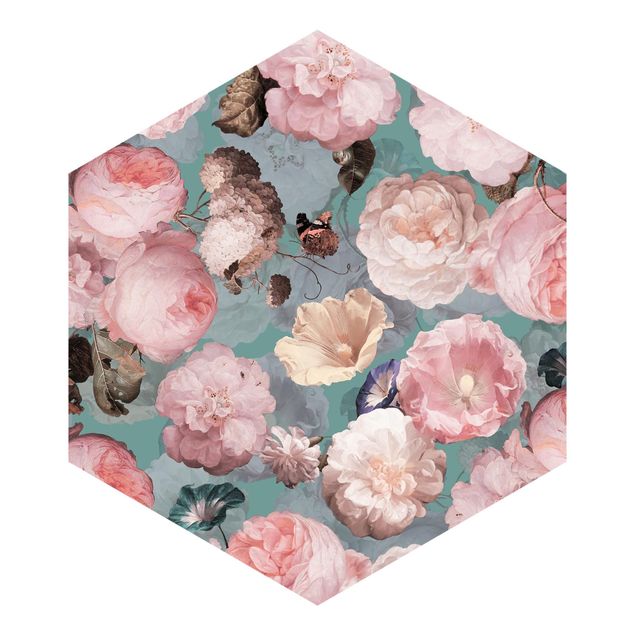 Self-adhesive hexagonal pattern wallpaper - Pastel Dream Of Roses On Blue