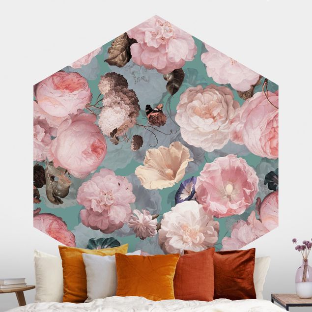 Self-adhesive hexagonal wall mural Pastel Dream Of Roses On Blue