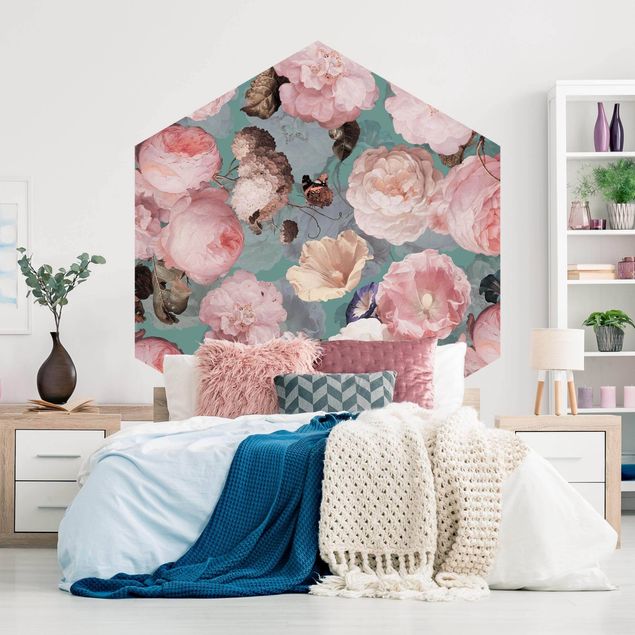 Self-adhesive hexagonal pattern wallpaper - Pastel Dream Of Roses On Blue