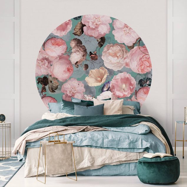 Self-adhesive round wallpaper - Pastel Dream Of Roses On Blue