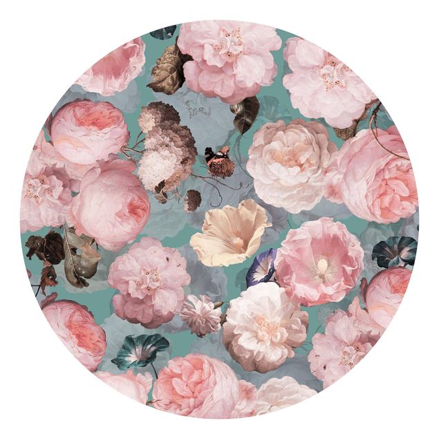 Self-adhesive round wallpaper - Pastel Dream Of Roses On Blue