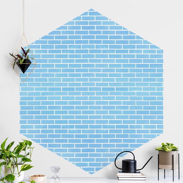 Hexagonal wall mural Pastel Blue Brick Wall