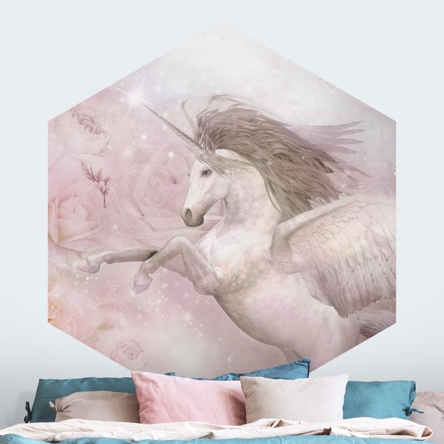 Self-adhesive hexagonal wall mural Pegasus Unicorn With Roses